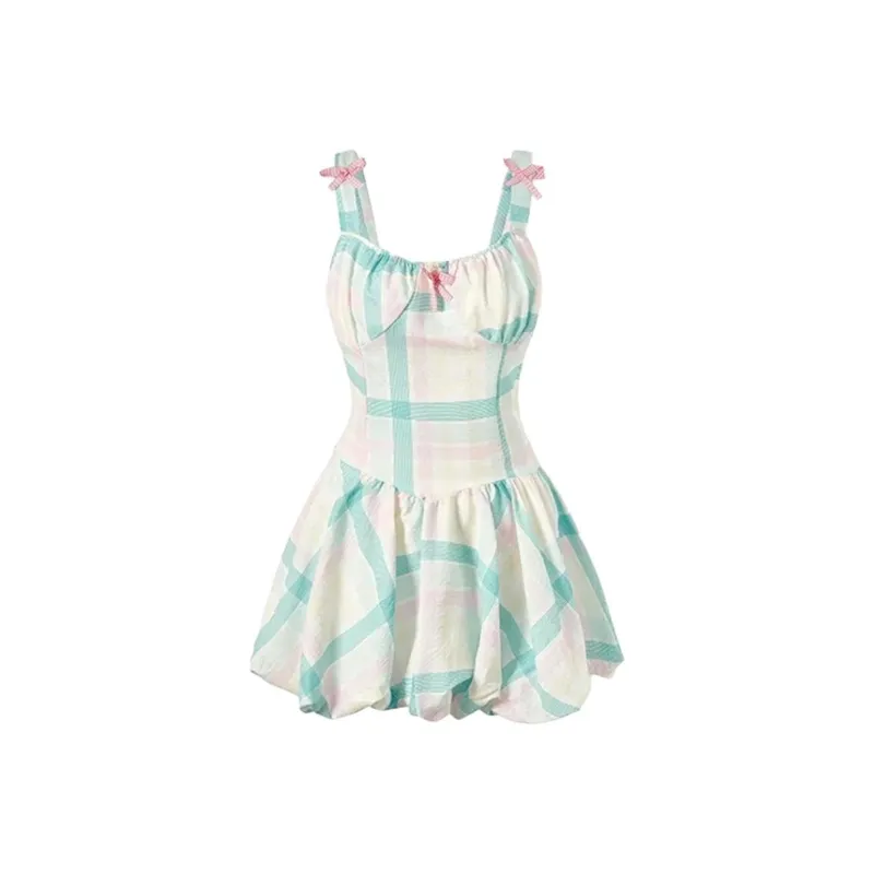 DOKZB Slip Dresses Women's Blue Pink Plaid-0