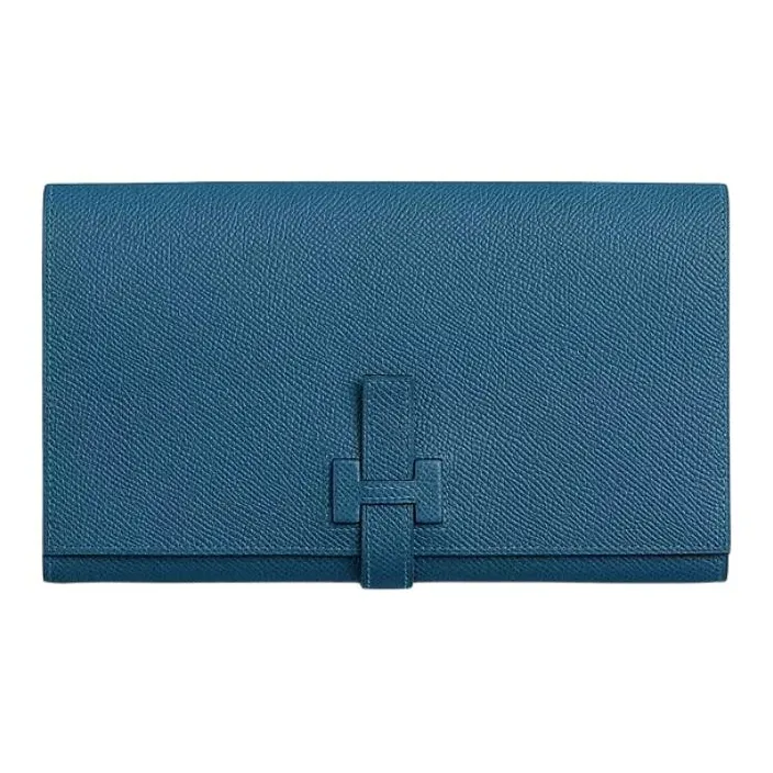HERMES New H Passant Cow Leather Wallet Unisex Dark Blue-0