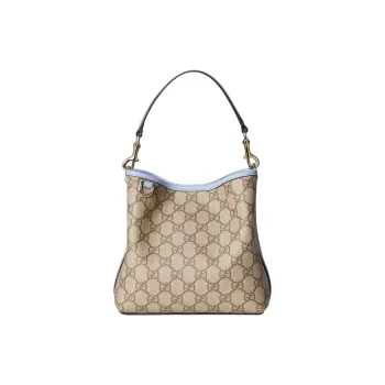 GUCCI GG Emblem Coated Fabric Bucket Bag, One Shoulder Handbag Small Size Women's Beige & Dark Brown