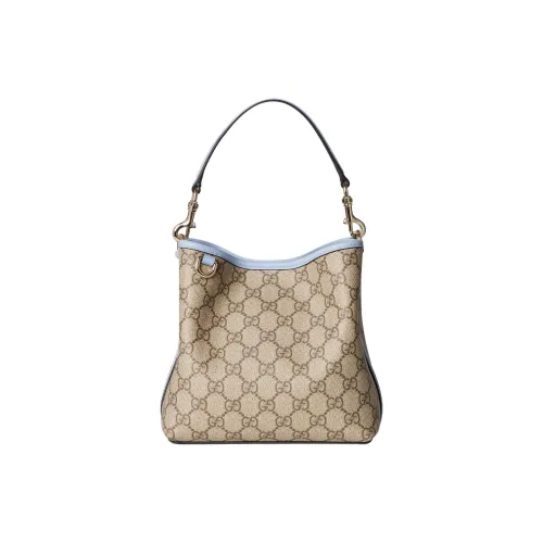 GUCCI GG Emblem Coated Fabric Bucket house Bag, One Shoulder Handbag Trumpets Women's Beige & Dark Brown
