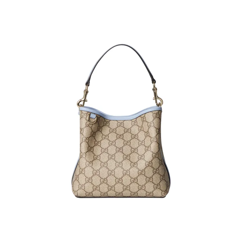 GUCCI GG Emblem Coated Fabric Bucket Bag, One Shoulder Handbag Trumpets Women's Beige & Dark Brown-0