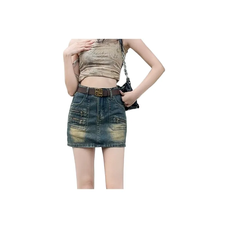 FAWENXIANGZI Denim Short Skirts Women's Vintage Blue-0