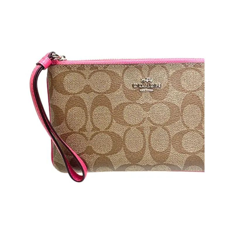 COACH Wristlet Monogram Canvas With Leather Clutch Wrist Bag Pochette Women's Rose Red & Brown Monogram-5
