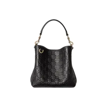 GUCCI GG Emblem Leather Bucket Bag, One Shoulder Handbag Small Size Women's Black