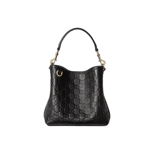 GUCCI GG Emblem Leather Bucket Bag, One Shoulder Handbag Trumpets Women's Black