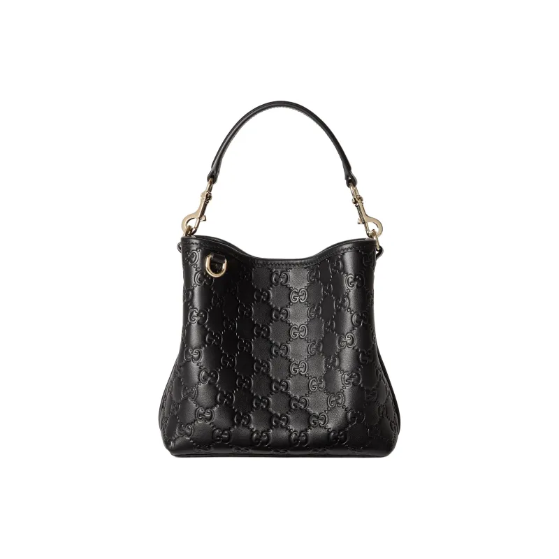 GUCCI GG Emblem Leather Bucket Bag, One Shoulder Handbag Trumpets Women's Black-0