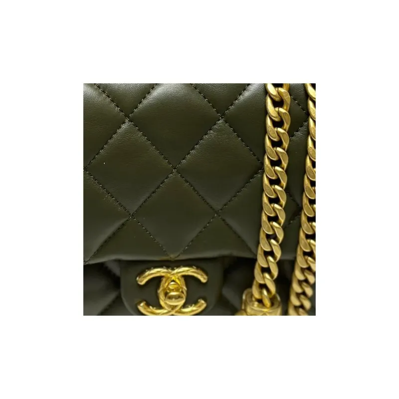 CHANEL 22K Autumn And Winter Sheepskin Flap Bag, Shoulder Bag, Crossbody Bag Small Size Women's Olive Green-3
