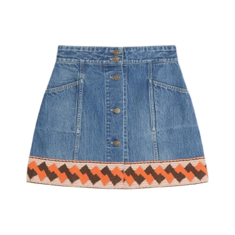 Valentino Jacquard Trim Mid Rise Denim Skirt-0