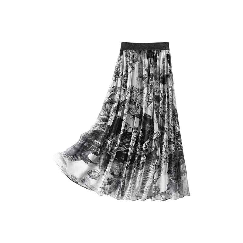 Cypress House Casual Long Skirt Women's Black With White Stitching Embroidery-0