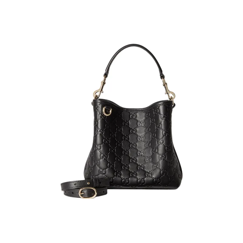 GUCCI GG Emblem Leather Bucket Bag, One Shoulder Handbag Trumpets Women's Black-2