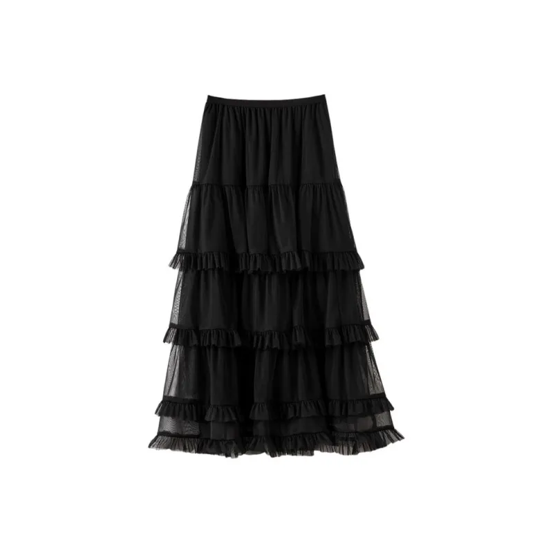 Late White Casual Long Skirt Women's Black-0