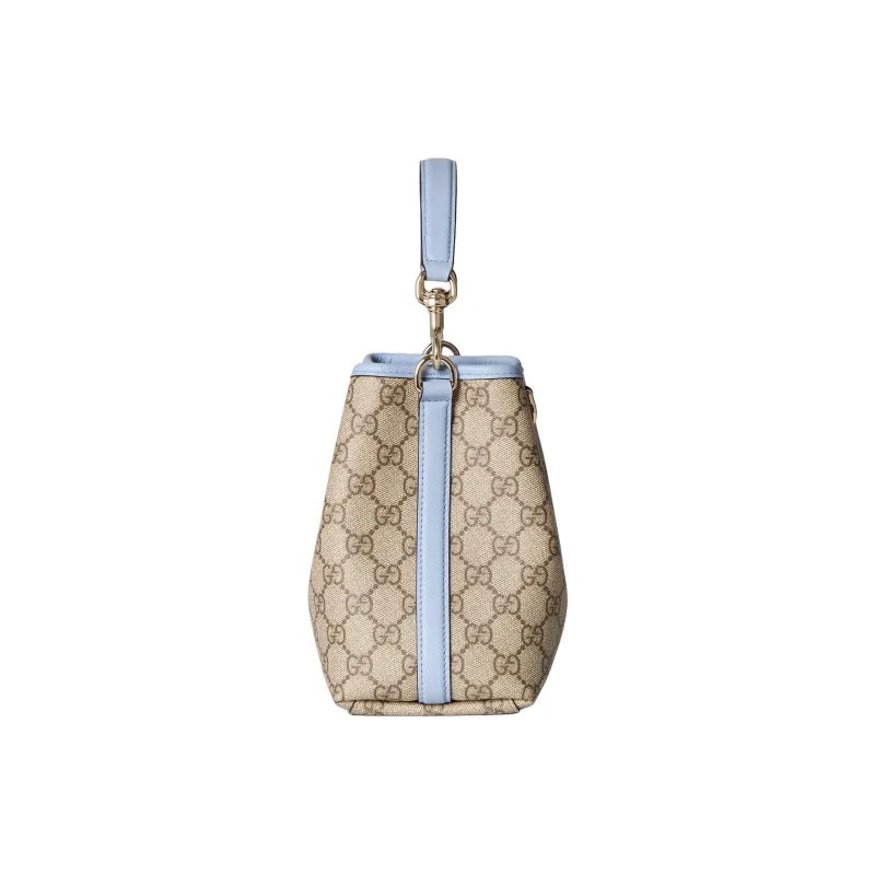 GUCCI GG Emblem Coated Fabric Bucket Bag, One Shoulder Handbag Trumpets Women's Beige & Dark Brown-3