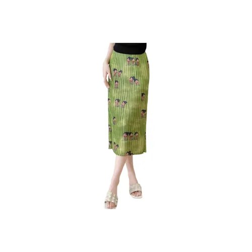 Wbwq Casual Long Skirt Women's Green With Print