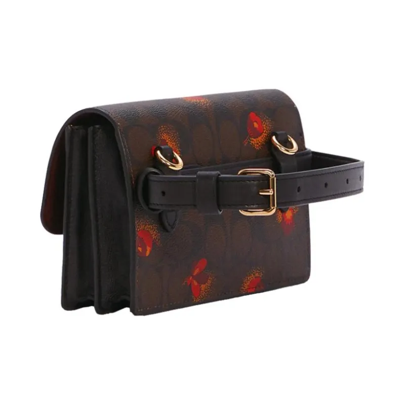 COACH Foldover Canvas Leather Small Square Bag Fanny Pack Shoulder Bag Crossbody Bag Small Size Women's Brown Black-1