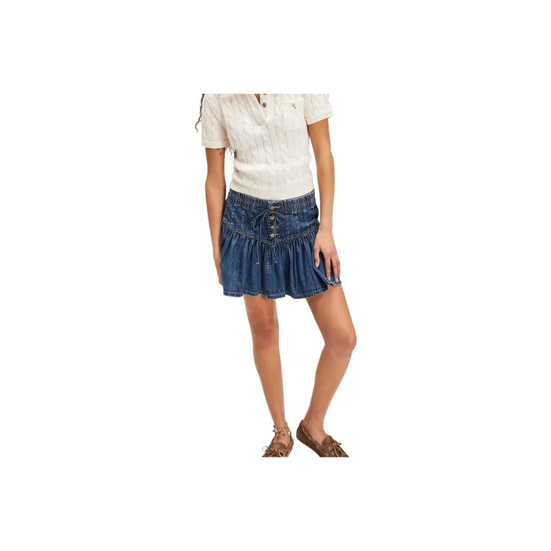 FREE PEOPLE We The Free Roselle Denim Mini Skirt Denim Short Skirts Women's Dark Blue-0