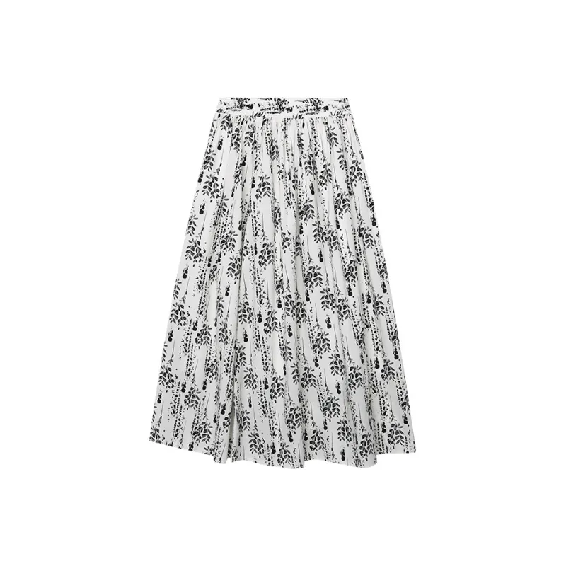 CHARM PICK Casual Long Skirt Women's White Base With Branches And Leaves-0