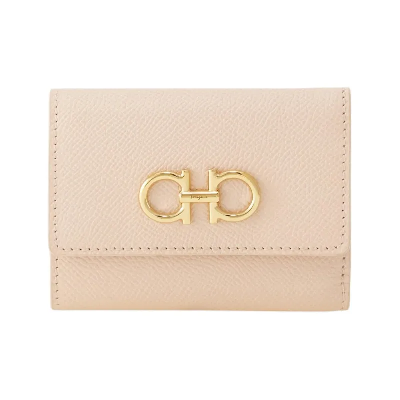 FERRAGAMO GANCINI Hammered Texture Calfskin Wallet Women's Ballet Pink-0