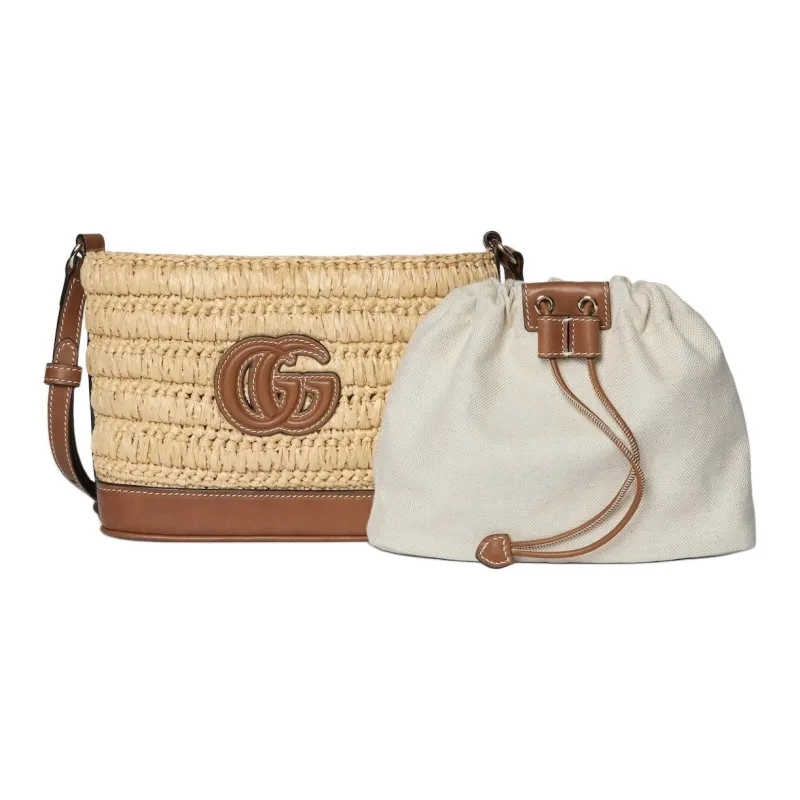GUCCI Raffia With Leather Bucket Bag, Shoulder Bag Mini Women's Brown-4