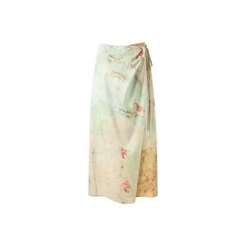 3COLOUR Casual Long Skirt Women's Pea Green Floral