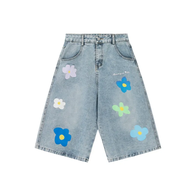 Flowers In Water Denim Shorts Unisex Blue-0