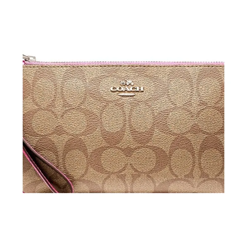 COACH Wristlet Monogram Canvas With Leather Clutch Wrist Bag Pochette Women's Rose Red & Brown Monogram-4