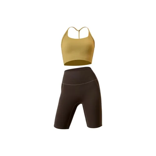 Meesu Fitness Set Women's Tundra Green+Mocha Mousse Two Piece Set[Integrated Cup]