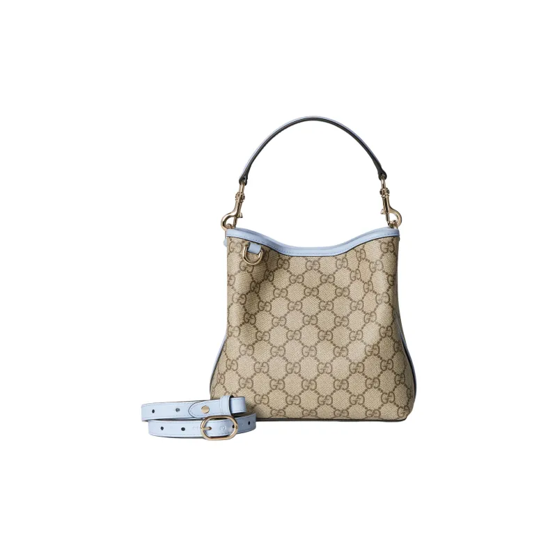GUCCI GG Emblem Coated Fabric Bucket Bag, One Shoulder Handbag Trumpets Women's Beige & Dark Brown-1