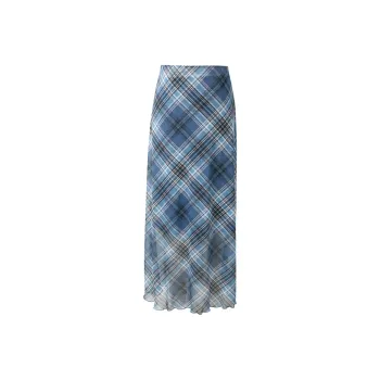 3COLOUR Casual Long Skirt Women's Deep Sea Blue Plaid
