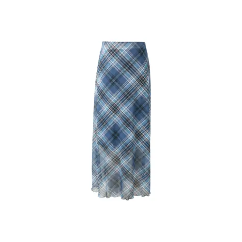 3COLOUR Casual Long Skirt Women's Deep Sea Blue Plaid