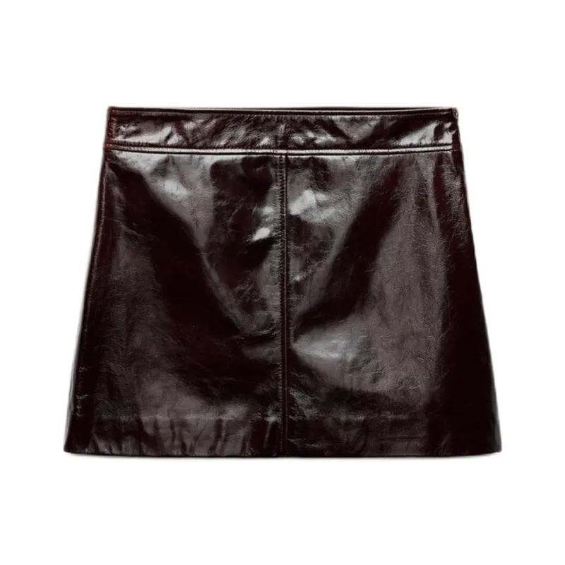 ZARA ZW Series Leather Short Skirts Women's Burgundy Red-0