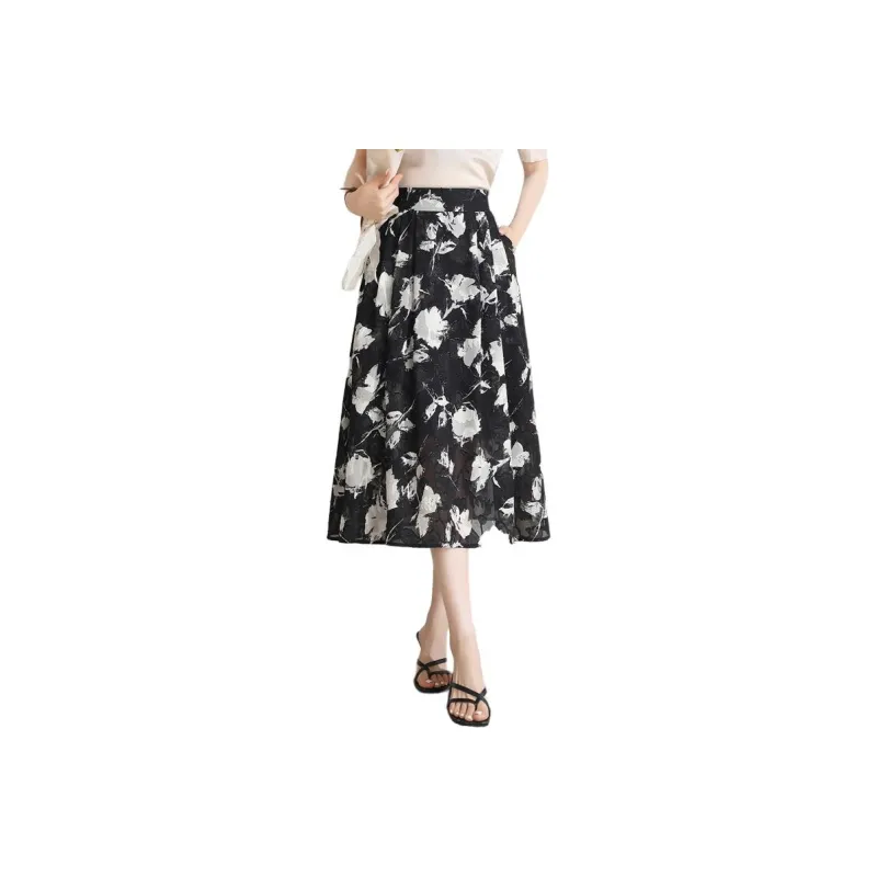 YIRANCHUN Casual Long Skirt Women's Black With White Floral-0