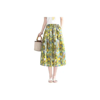 YIRANCHUN Casual Long Skirt Women's Yellow Monet Flower
