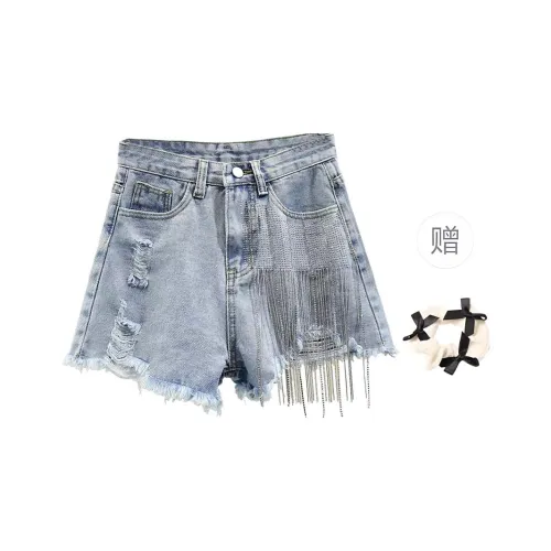 TURN UP Denim Shorts Women's Blue+Bowknot Hair Tie Comes With