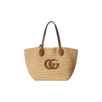 GUCCI Raffia Tote Bag, Shopping Bag, Shoulder Bag Medium Size Women's Beige