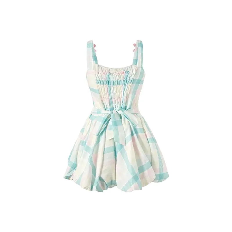 DOKZB Slip Dresses Women's Blue Pink Plaid-1
