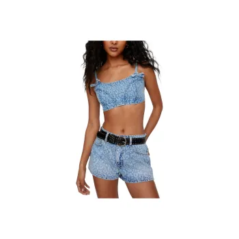 NASTY GAL Washed Leopard Denim Short Denim Shorts Women's Washed Blue