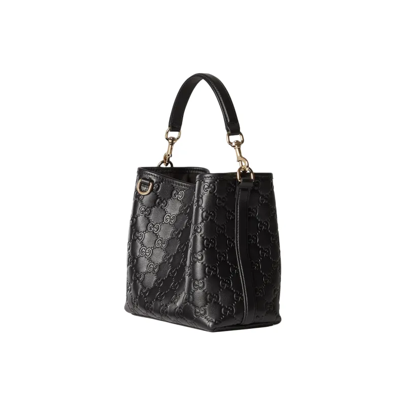 GUCCI GG Emblem Leather Bucket Bag, One Shoulder Handbag Trumpets Women's Black-1