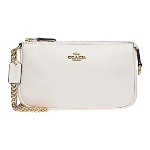COACH Wristlet Litchi Grain Leather Mahjong Bag One Shoulder Clutch Large Size Women's Beige