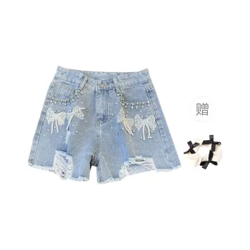 TURN UP Denim Shorts Women's Blue+Bowknot Hair Tie Comes With