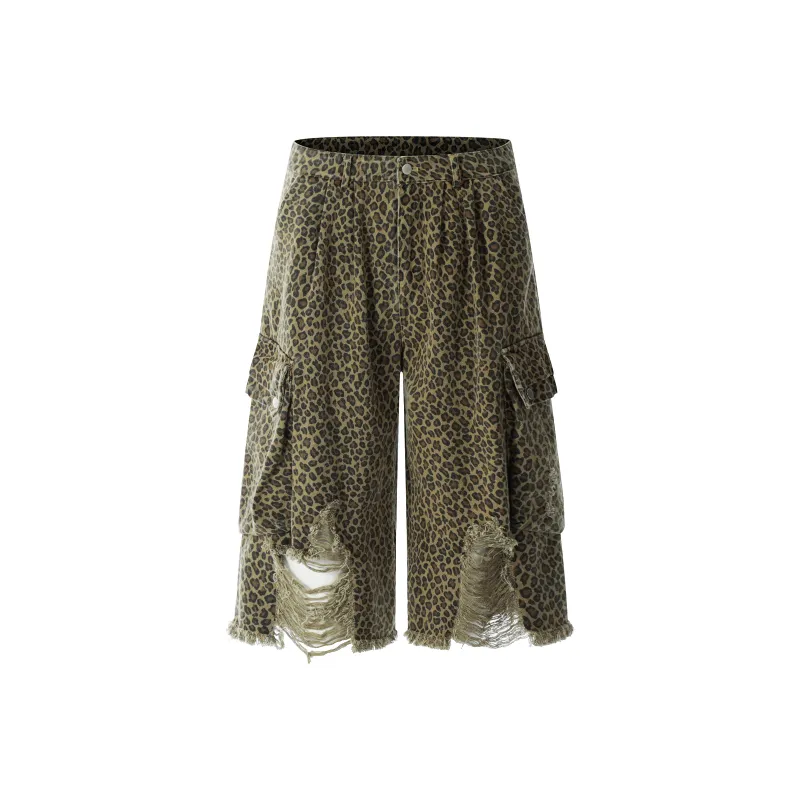 VINMUK Denim Shorts Unisex Leopard Print-0
