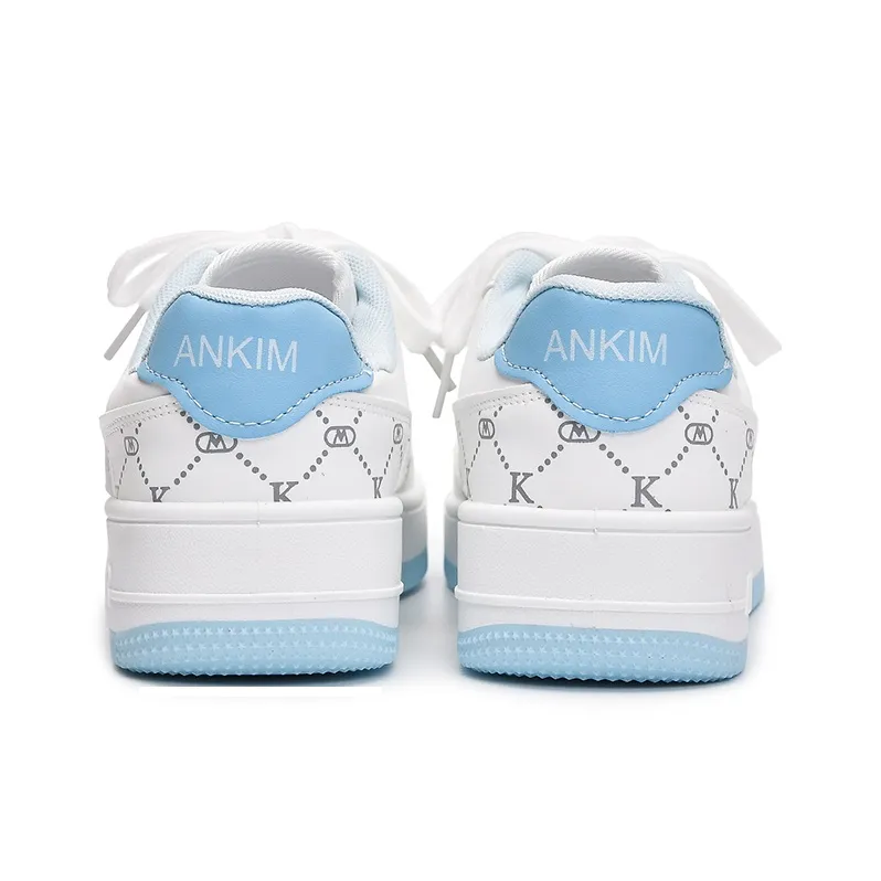 CHERRY&KALIKA Slip Resistant Cushioning Abrasion Resistant Breathable Low Top Skateboard Shoes Women's White Blue-4