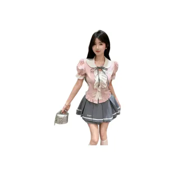 Dior Beauty Two Piece Skirt Sets Women's Pink Short Sleeved Top, Gray Skirt
