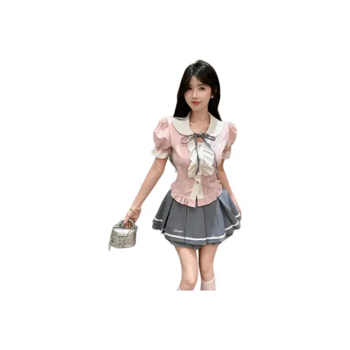 Dior Beauty Two Piece Skirt Sets Women's Pink Short Sleeved Top, Gray Skirt