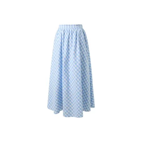 3COLOUR Casual Long Skirt Women's Sky Blue Plaid