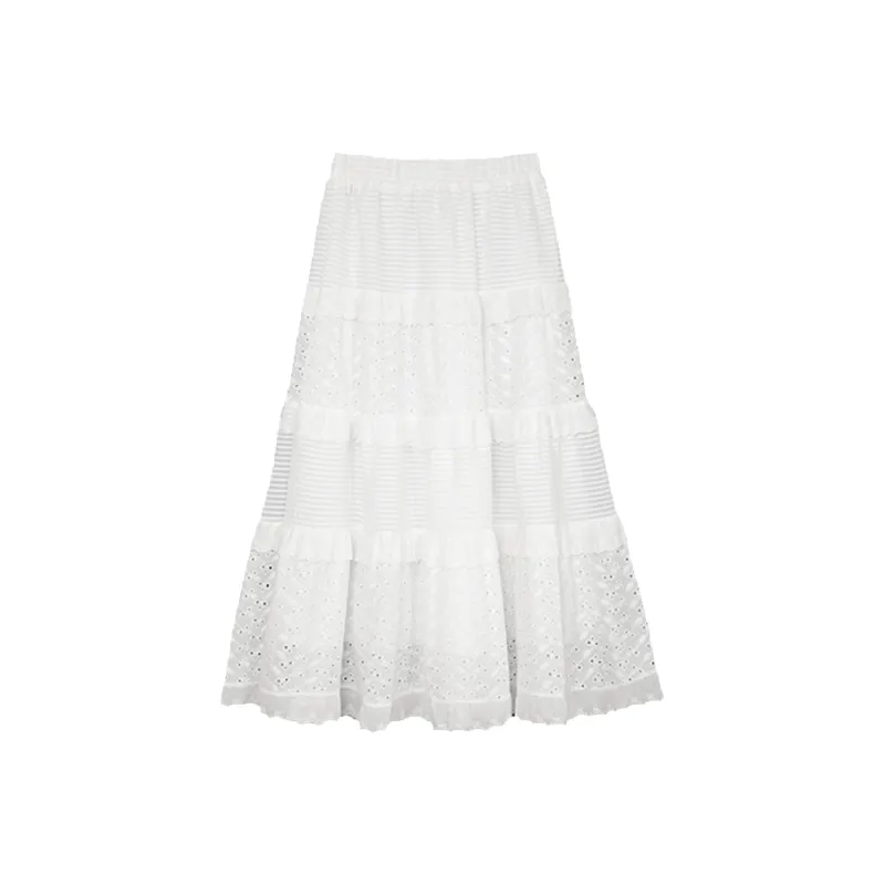 FLIM Casual Long Skirts Women's White Embroidery Lace-0