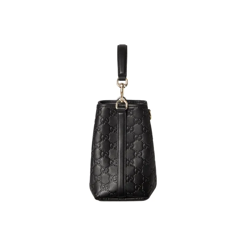 GUCCI GG Emblem Leather Bucket Bag, One Shoulder Handbag Trumpets Women's Black-4