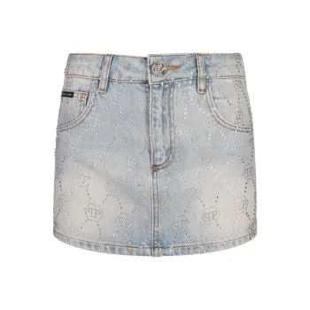 PHILIPP PLEIN Embellished Monogram Mini Denim Skirt