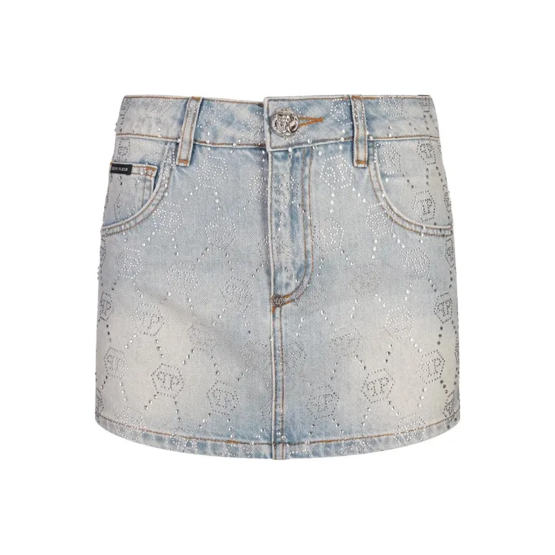 PHILIPP PLEIN Embellished Monogram Mini Denim Skirt-0