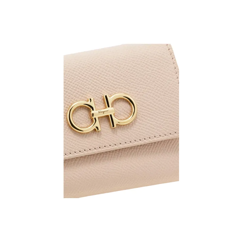 FERRAGAMO GANCINI Hammered Texture Calfskin Wallet Women's Ballet Pink-4