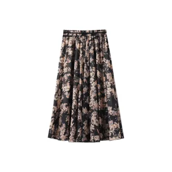 YIRANCHUN Casual Long Skirt Women's Black With Brown Floral